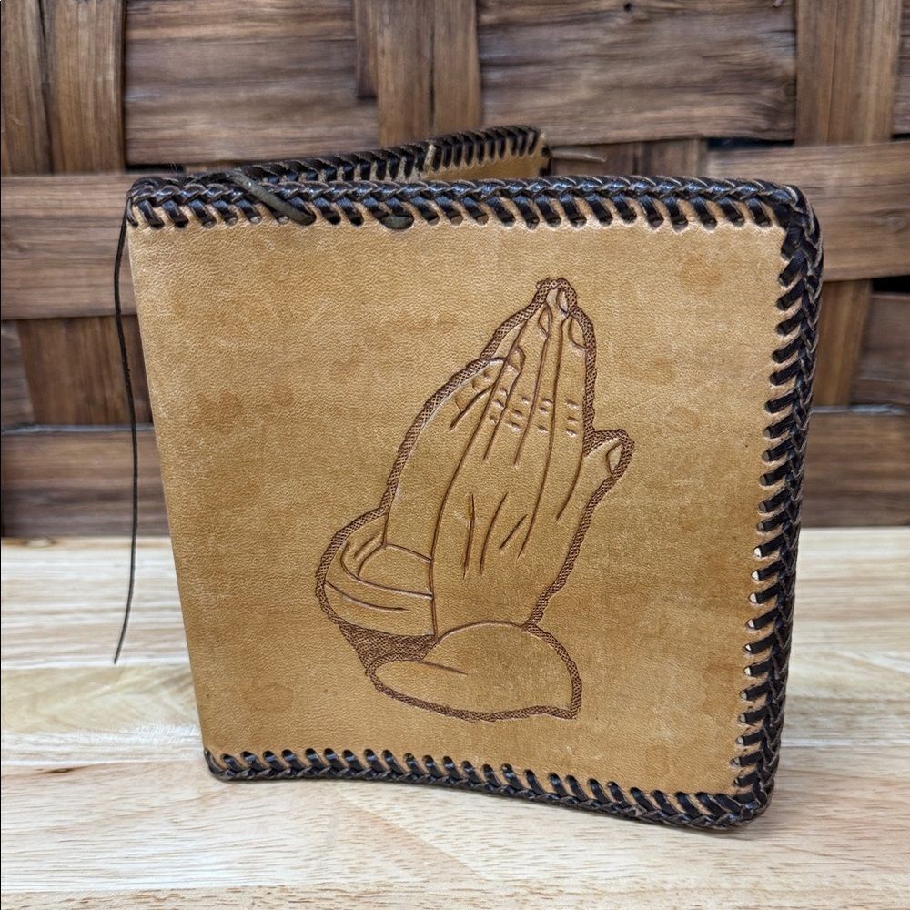 Vintage Tan Leather Book Cover with Praying Hands Design